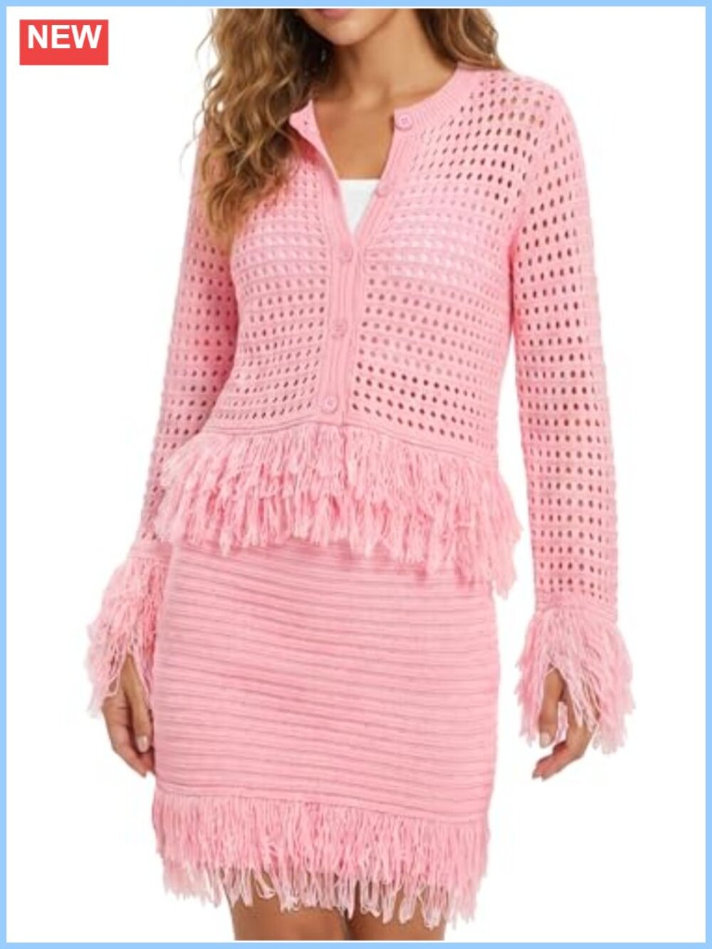 Crochet 2-Piece Set Long Sleeve Cardigan & Fringe Mini Skirt Knit Outfit
